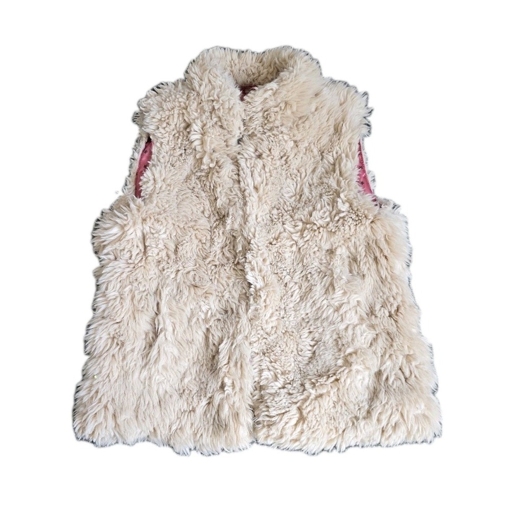 Mini Boden Girls Shaggy Faux Fur Vest Cream Pink Star Lining Size 9-10 School